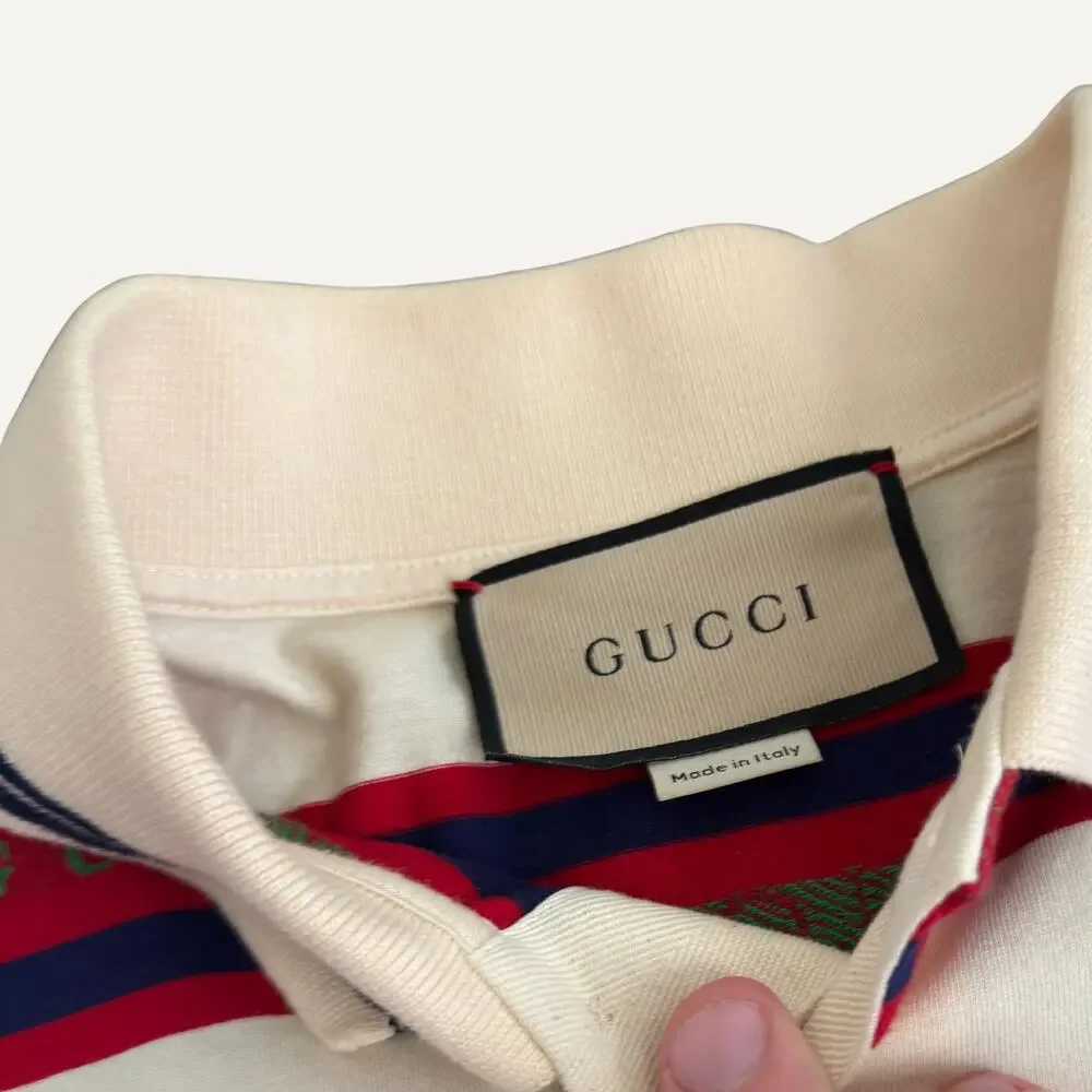 Gucci Striped Logo Polo Shirt Cream Red Navy Cotton Made in Italy Size S